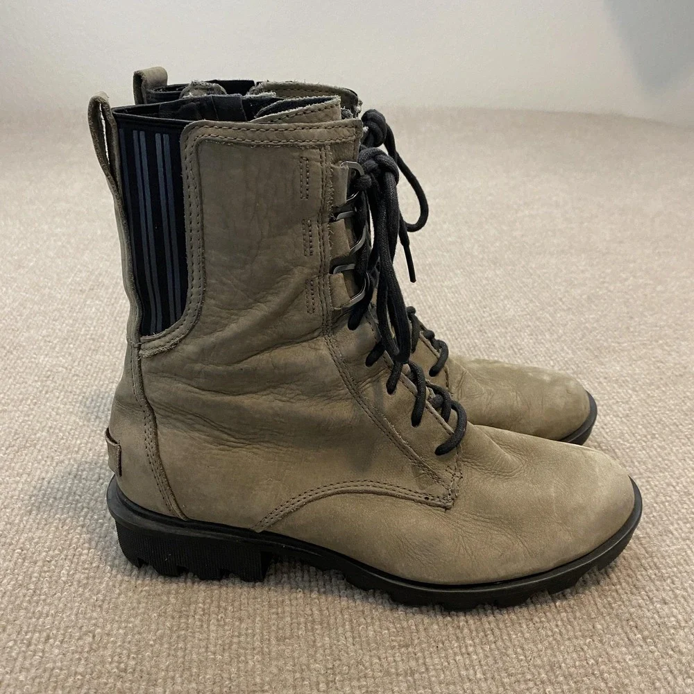 Sorel Olive Lace-Up Leather Combat Boots with Black Elastic Panels